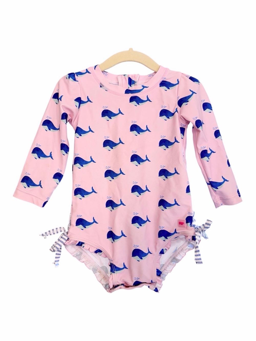 Ruffle Butts Swimsuit, Pink & Blue Whales One Piece Long Sleeve Rash Guard Girl